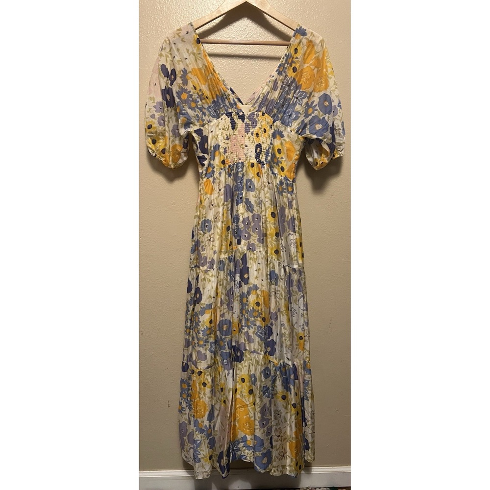 Other Stories Floral Puff Sleeve Tiered Maxi Dress Yellow Blue Orange Romantic 6 - Picture 9 of 16